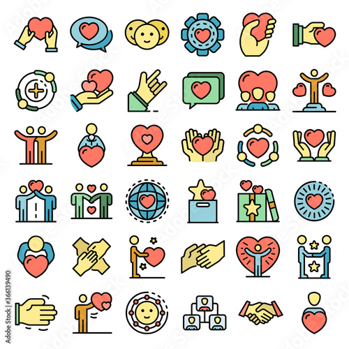 Friendship icons set. Outline set of friendship vector icons thin line color flat on white
