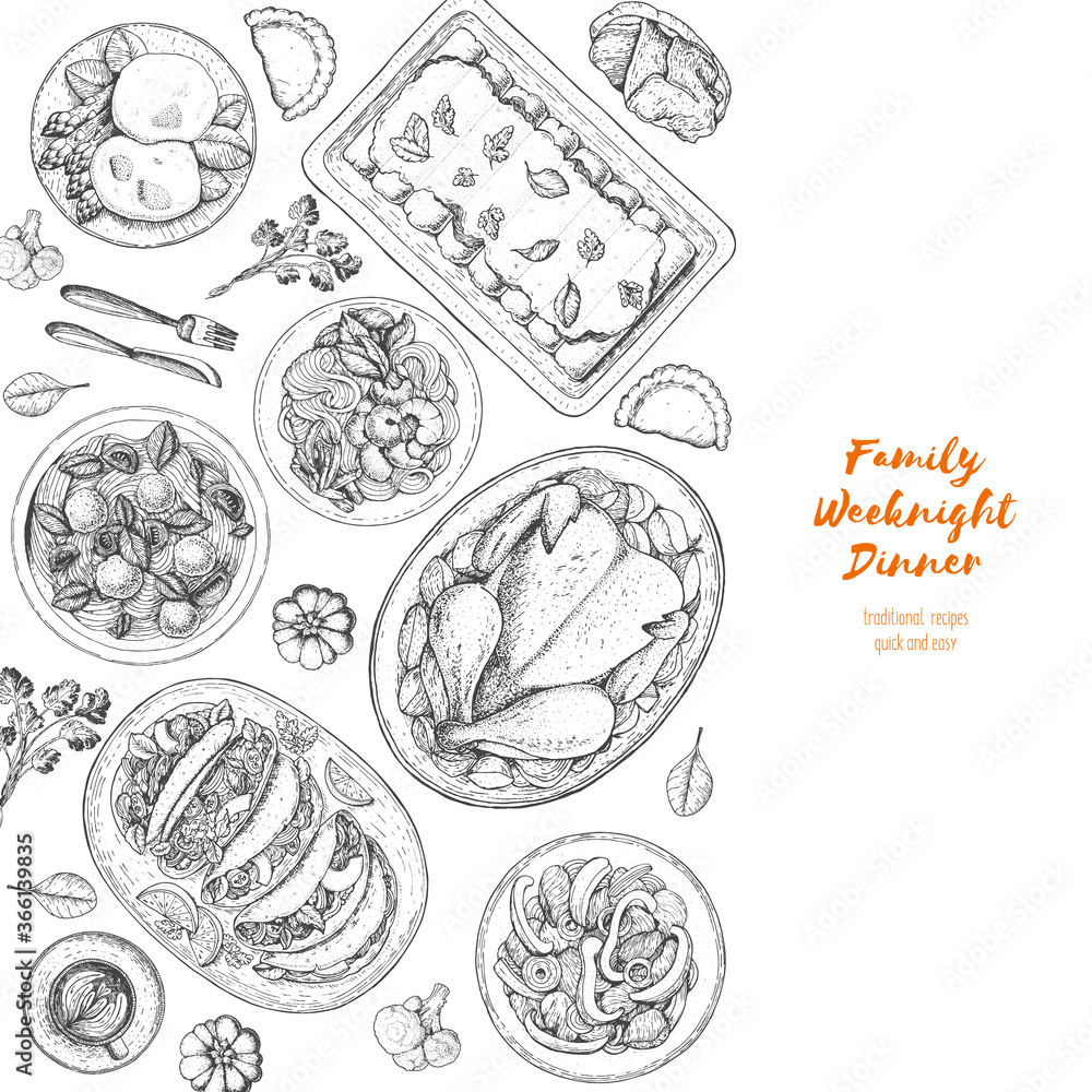 Family dinner top view, vector illustration. Friendly dinner table. Food menu. Engraved style background. Hand drawn sketch, design template.
