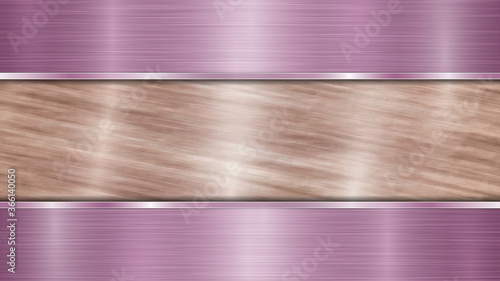 Background consisting of a bronze shiny metallic surface and two horizontal polished purple plates located above and below, with a metal texture, glares and burnished edges