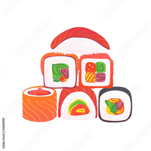 Conceptual sushi rolls with chopsticks on a white background. Japanese food concept. Rice and fish dish, nori, caviar, salmon.