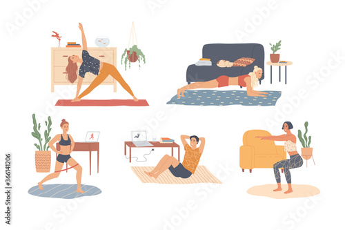 People at home are exercising. Workout, training