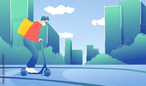 Young curly guy rides a electric scooter with delivery on a white background. A man with thermo bag, the concept of fast delivery.