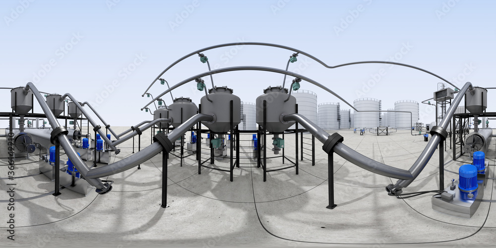 spherical panorama of the oil refinery, chemical production, waste processing plant, exterior visualization, 3D illustration spherical panorama of the oil refinery, chemical production, waste processing plant, exterior visualization, 3D illustration