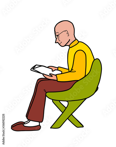 The bald grandfather in profile is sitting in a chair and reading a newspaper.