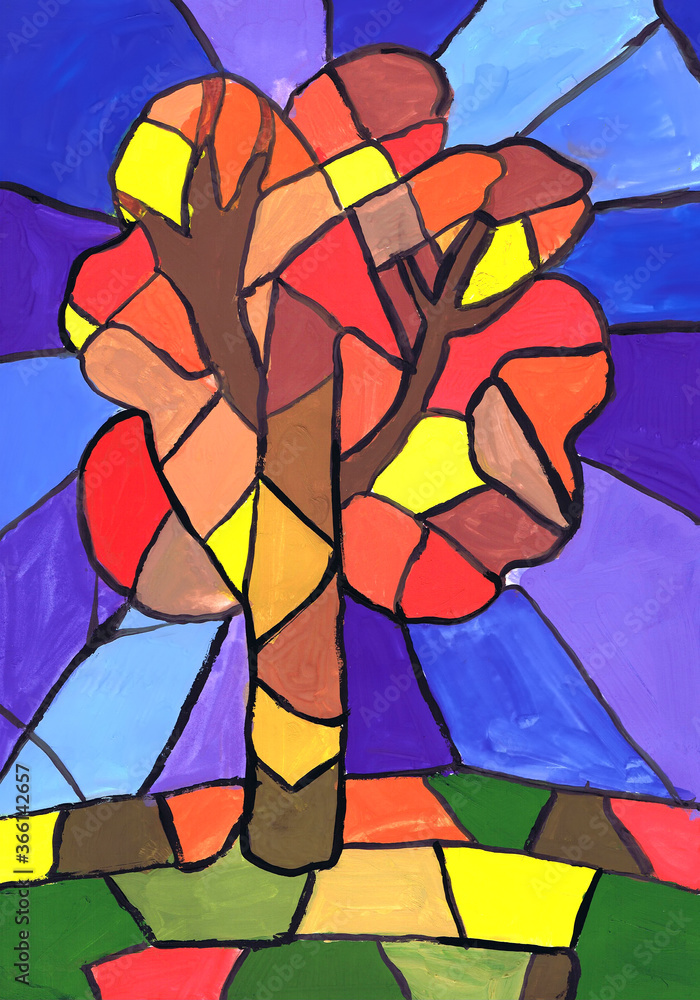 Autumn abstract tree. Sketch a stained glass window. Children's drawing