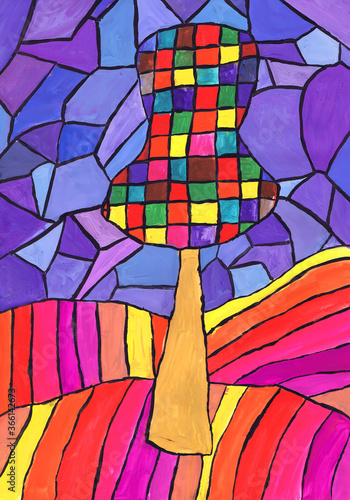 Bright autumn abstract tree. Sketch a stained glass window. Children's drawing