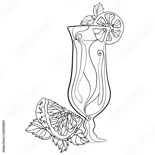Black outline of a glass of lemonade with lemon wedges and mint leaves, empty drawing for coloring