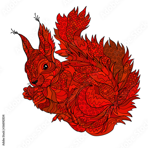 Big fluffy squirrel holding a nut in its paws, zentangle style, curls from lines, intertwined thin outline pattern, multicolored animal
