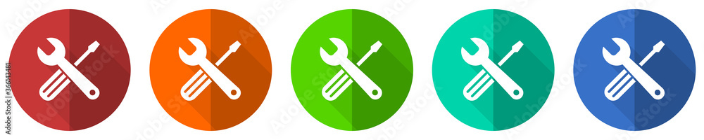Tools icon set, red, blue, green and orange flat design web buttons isolated on white background, vector illustration Tools icon set, red, blue, green and orange flat design web buttons isolated on white background, vector illustration