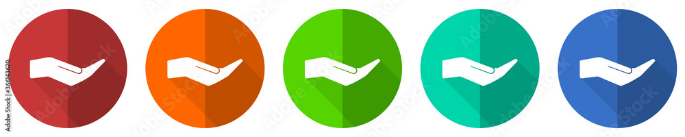 Human care hand icon set, red, blue, green and orange flat design web buttons isolated on white background, vector illustration Human care hand icon set, red, blue, green and orange flat design web buttons isolated on white background, vector illustration