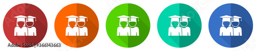 Education icon set, educate, graduate, female and male students, red, blue, green and orange flat design web buttons isolated on white background, vector illustration