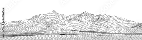 Vector wireframe 3d landscape. Technology grid illustration. Network of connected dots and lines. Futuristic background.