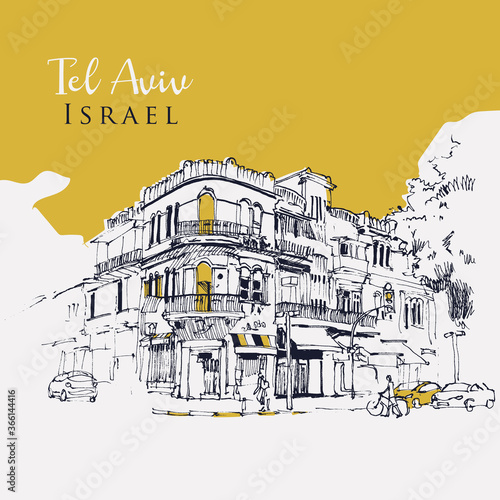 Drawing sketch illustration of Tel Aviv, Israel