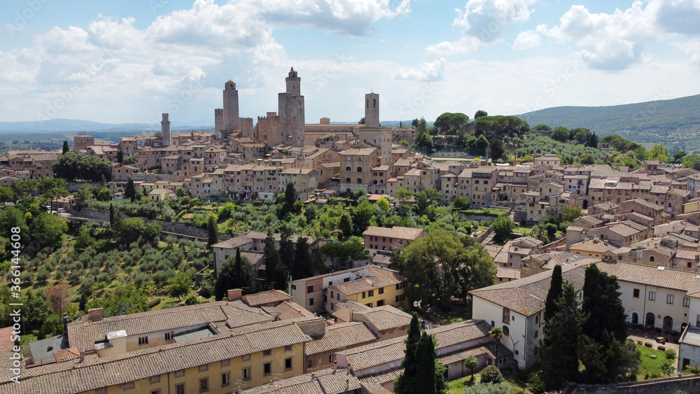 San Gimignano, Tuscany, Italy - July 16, 2020: aerial view of the medieval city of San Gimignano