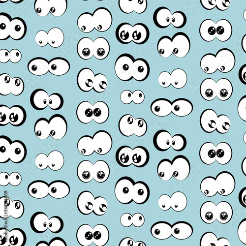 Cartoon eyes. Black and white seamless pattern. Blue background, simple vector illustration.