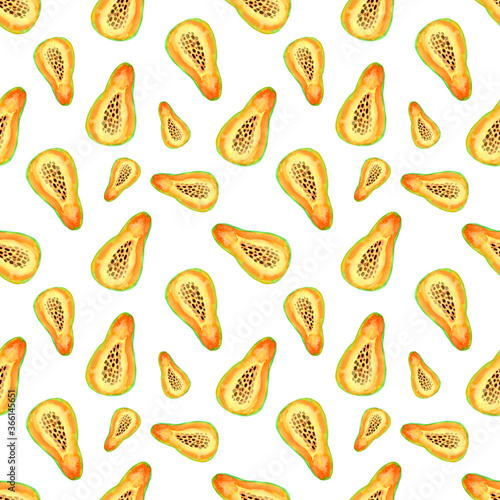 Exotic fruits illustration. Watercolor orange papaya seamless pattern isolated on white background. Fruits background for fabric, wrapping, wallpaper design.