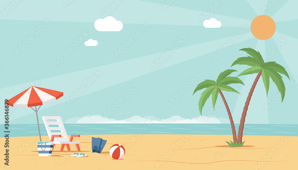 Summer beach landscape view with sea, palm trees, umbrella, ball, and deckchair. Perfect vacation and holidays at sea resort vector flat illustration. Enjoy summer weekend at the sea concept.