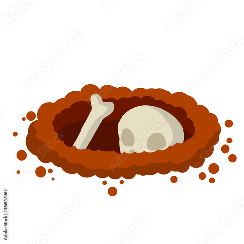 Hole in ground. Skull and bone of man in grave. Skeleton, burial and entombment. Scary element of Halloween. Cartoon flat illustration. Archaeology and excavations