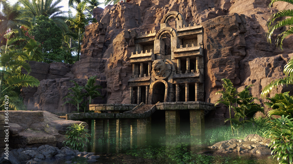 Naklejka premium ancient temple of the jaguar in the cliff rocks, hidden in the tropical rainforest, 3D fantasy environment background concept
