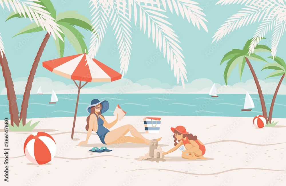 Happy mother and daughter spending summer vacation on sandy beach near the sea vector flat illustration. Young woman and girl read and build sand castle. Tropical sea resort banner concept.