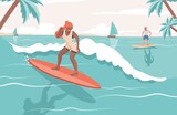 People in swimming suits doing summer activities in the sea. Happy woman and man surfing on boards vector flat illustration. Sea beach resort, summer active vacation, perfect holiday concept.