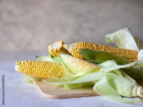 Fresh corn on a wooden Board made of bamboo. A head of fresh corn. Copy space