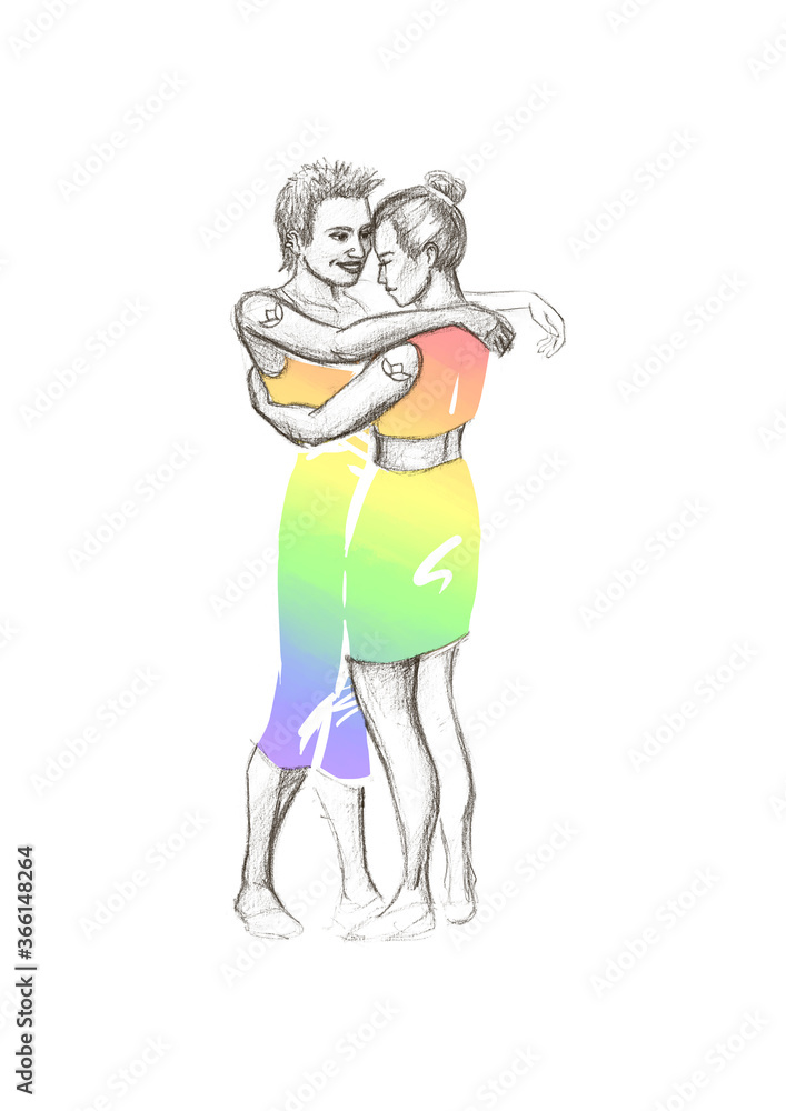 Lesbian couple standing and hugging, hand drawn sketch with digitally added rainbow colours. LGBTQ+ concept.