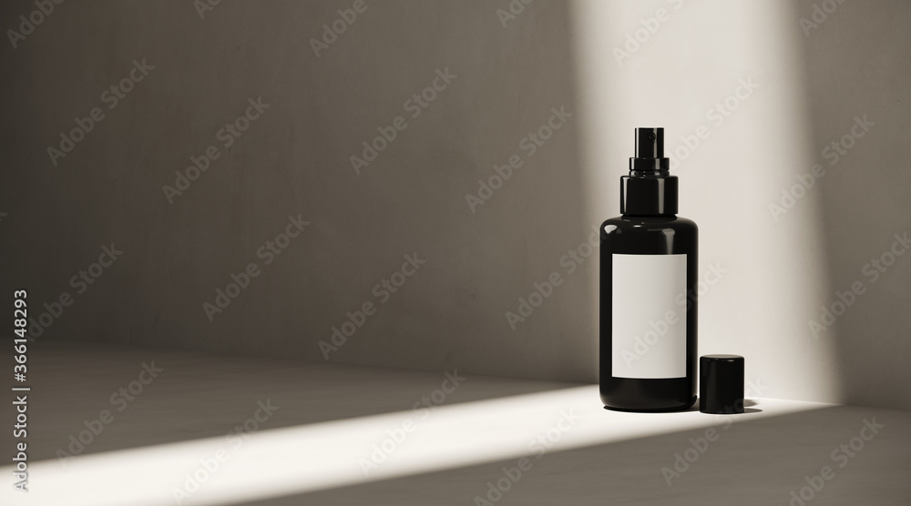Minimal cosmetic background for product presentation. Cosmetic bottle with sunshade shadow on plaster wall. 3d render illustration. Object isolate clipping path included. Minimal cosmetic background for product presentation. Cosmetic bottle with sunshade shadow on plaster wall. 3d render illustration. Object isolate clipping path included.