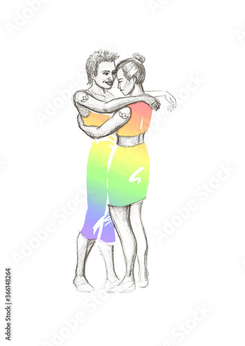 Lesbian couple standing and hugging, hand drawn sketch with digitally added rainbow colours. LGBTQ+ concept.