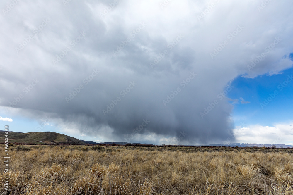 USA, Idaho, Picabo, Storm clouds over fields