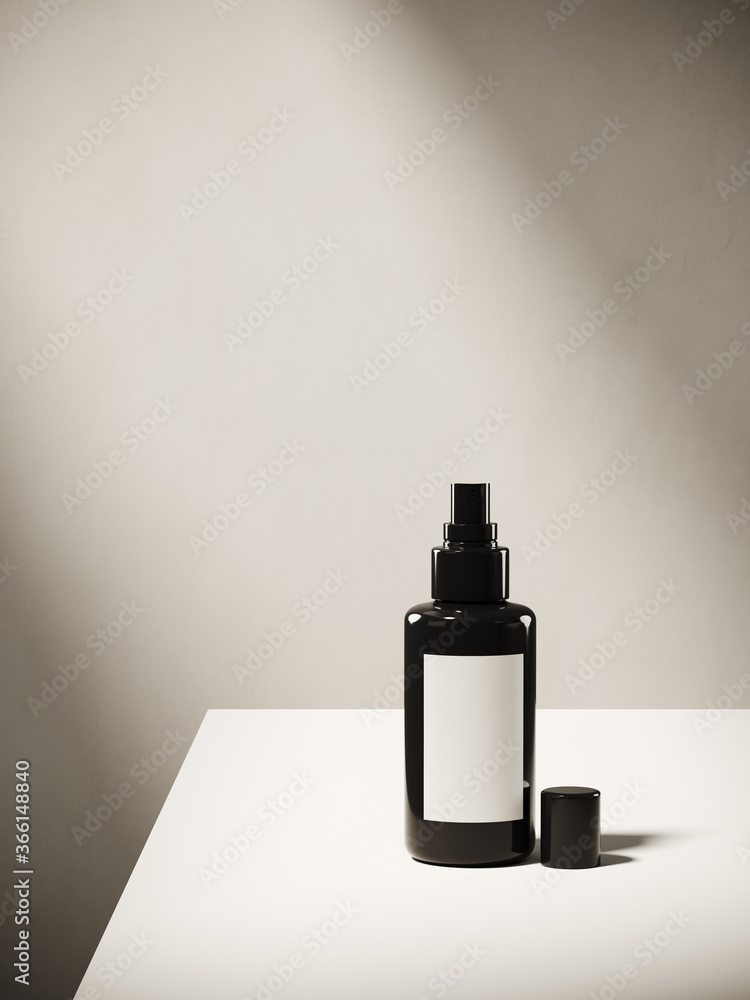 Minimal cosmetic background for product presentation. Cosmetic bottle with sunshade shadow on plaster wall. 3d render illustration. Object isolate clipping path included. Minimal cosmetic background for product presentation. Cosmetic bottle with sunshade shadow on plaster wall. 3d render illustration. Object isolate clipping path included.