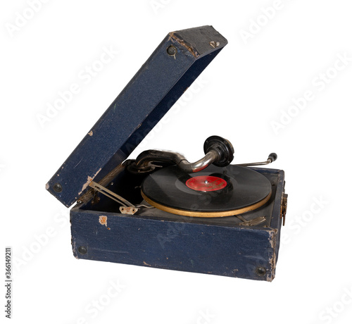 Phonograph with crank. Old gramophone Isolated on a white background. photo