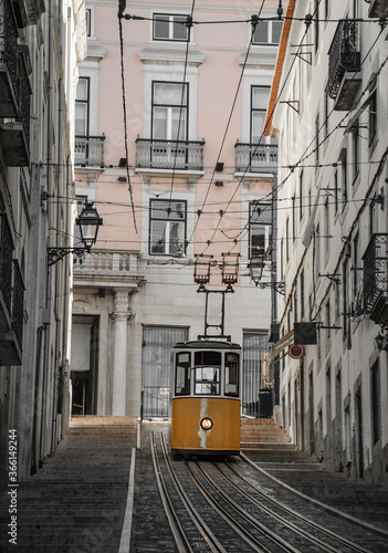 Famous Bica Funicular (Elevador da Bica or Ascensor da Bica), the third oldest of all, inaugurated in 1892, in district of Baixa-Chiado, Lisbon, Portugal.