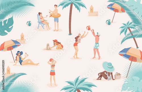 Happy people at beach relaxing, doing summer outdoor activities vector flat illustration. Men and women in swimming suits playing ball, reading, sunbathing at sea summer resort.
