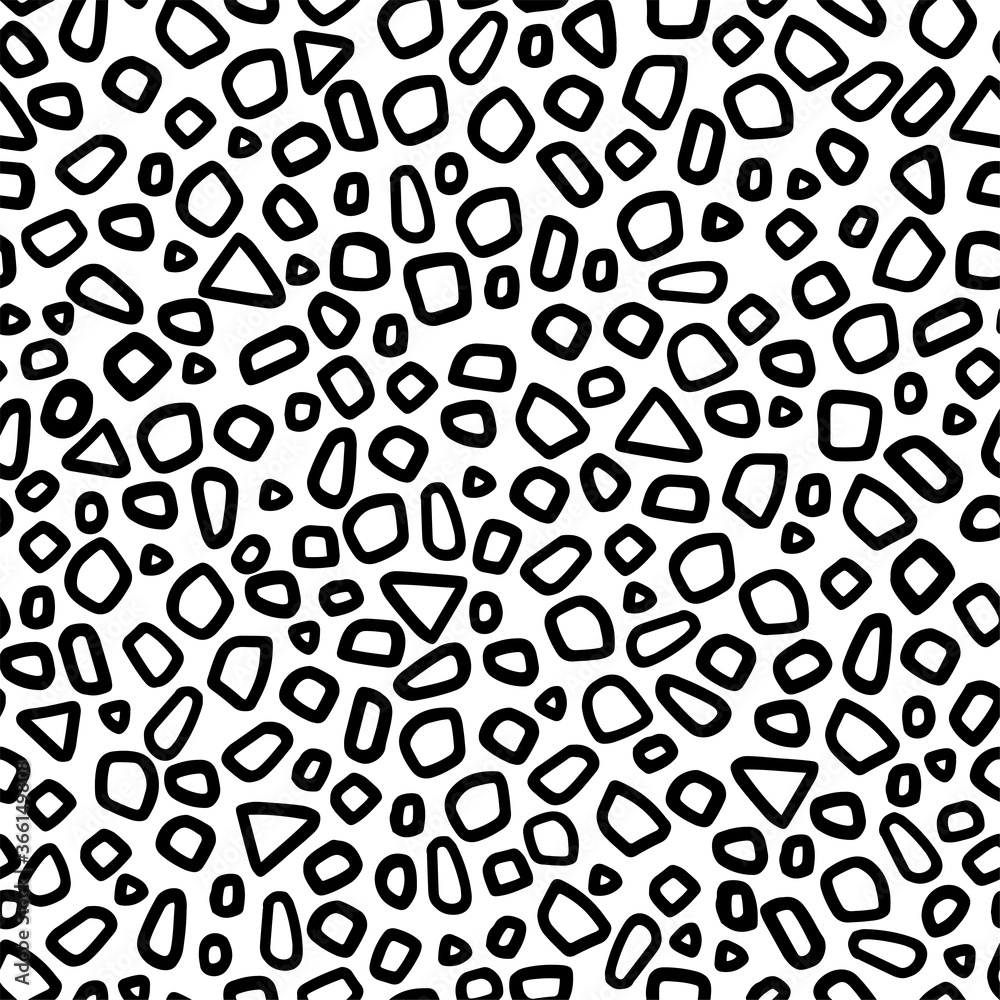 Fototapeta premium Abstract hand drawn vector seamless pattern. Simple background of random shapes. Black monochrome wallpaper isolated on transparent. Universal design for prints, wrapping, fabric, textile, ornament.