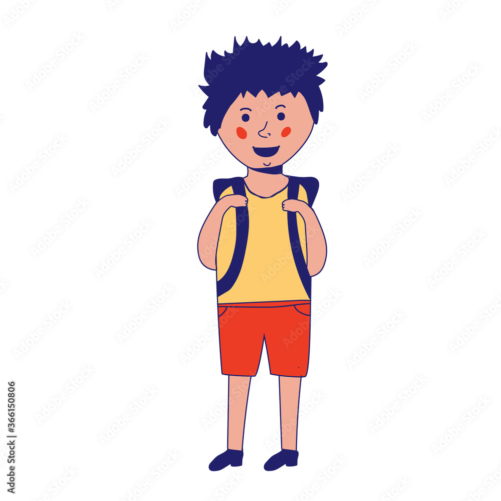 Happy caucasian schoolboy holding a book and waving his hand. Full length of smiling schoolboy making greeting gesture - waving hand. sketch 