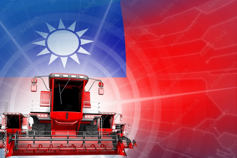 Digital industrial 3D illustration of red modern farm combine harvesters on Taiwan Province of China flag, farming equipment modernisation concept