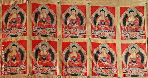 Tibetan thangka-Buddha Sakyamuni pinned to the wall. Thirty-three Heaven Grottoes-MatiSi-Zhangye-China-0982