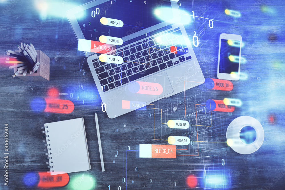 Double exposure of data drawing hologram over topview of study desk background with computer. Concept of Ai. Double exposure of data drawing hologram over topview of study desk background with computer. Concept of Ai.