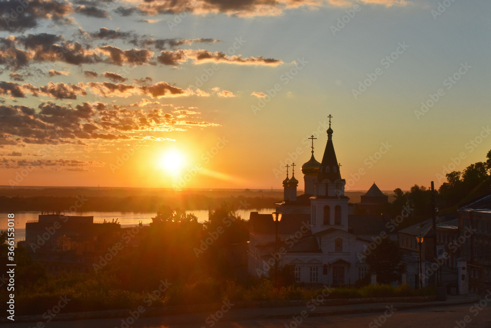 Christian church on the banks of the Volga River at dawn. Nizhny Novgorod Christian church on the banks of the Volga River at dawn. Nizhny Novgorod