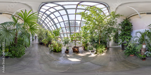 full seamless spherical hdri panorama 360 degrees angle view in greenhouse with a lot of plants  in equirectangular projection. VR  AR content photo