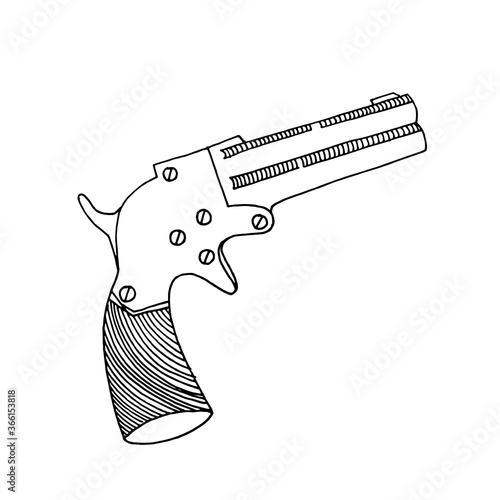 Hand-drawn image of a pistol. Graphic black and white vector image. Isolated on white