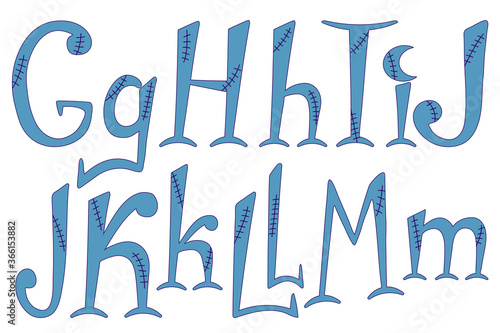 Stitched alphabet for halloween. Hand-drawn lettering in frankenstein style. G, H, I, J, K, L, M letters for your design, banner, logo, type, card, poster. Uppercase and lowercase font