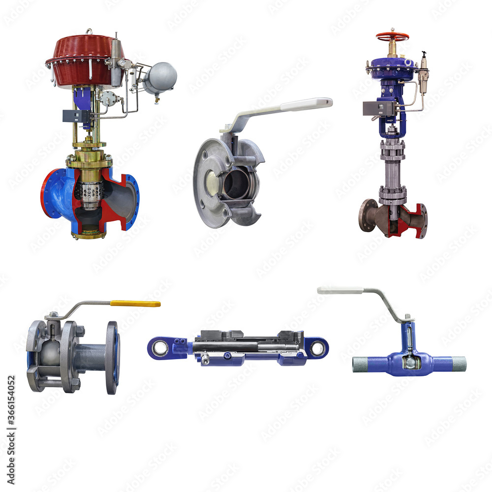 six modern shut-off valves with automatic and manual control for a gas pipeline isolated on a white background. Lengthwise cut