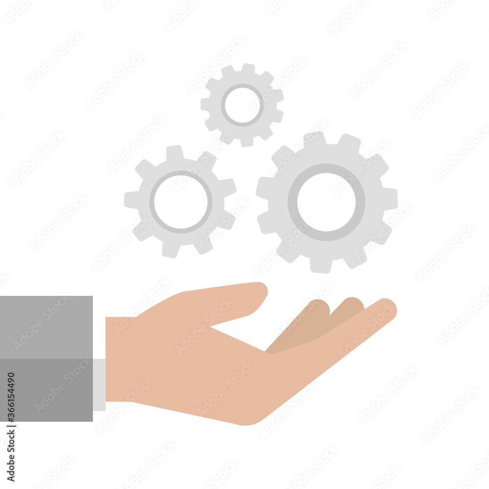 Hand hold gear. Installation and support icon isolated on white. Hand hold gear. Installation and support icon isolated on white.