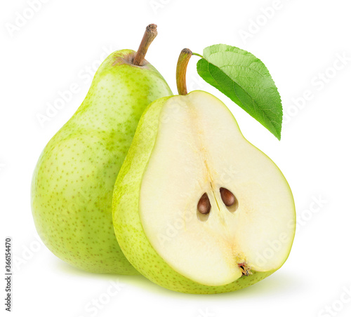 Isolated pears. One green pear and a half with leaf isolated on white background