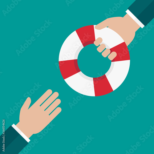 Hand giving a lifebuoy to another hand. Help, support, survival or investment symbol.