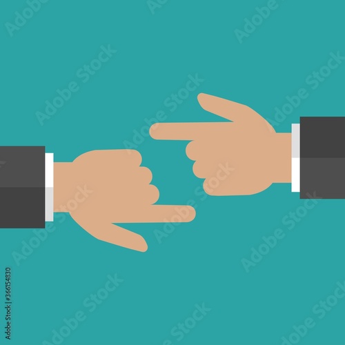 Two hands opposite point isolated on turquoise background.