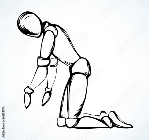 The puppet is kneeling. Vector drawing