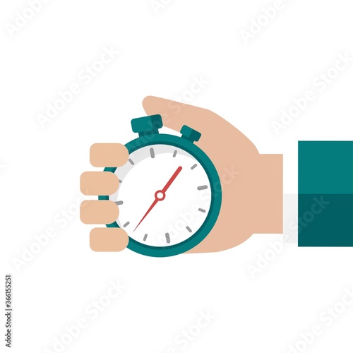 Hand with blue stopwatch isolated on white background.